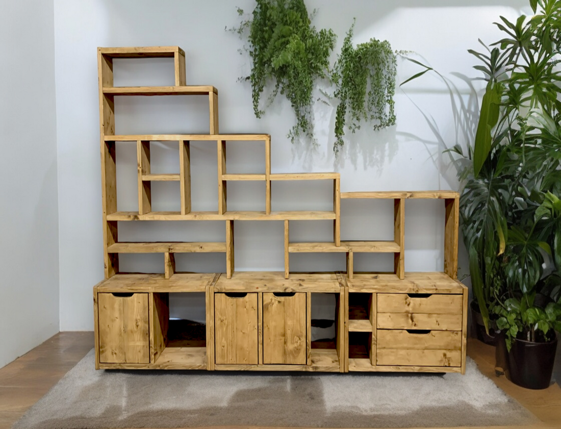 Large Reclaimed Wood Bookcase & Shelving Units Set - Rustic Storage Fu ...