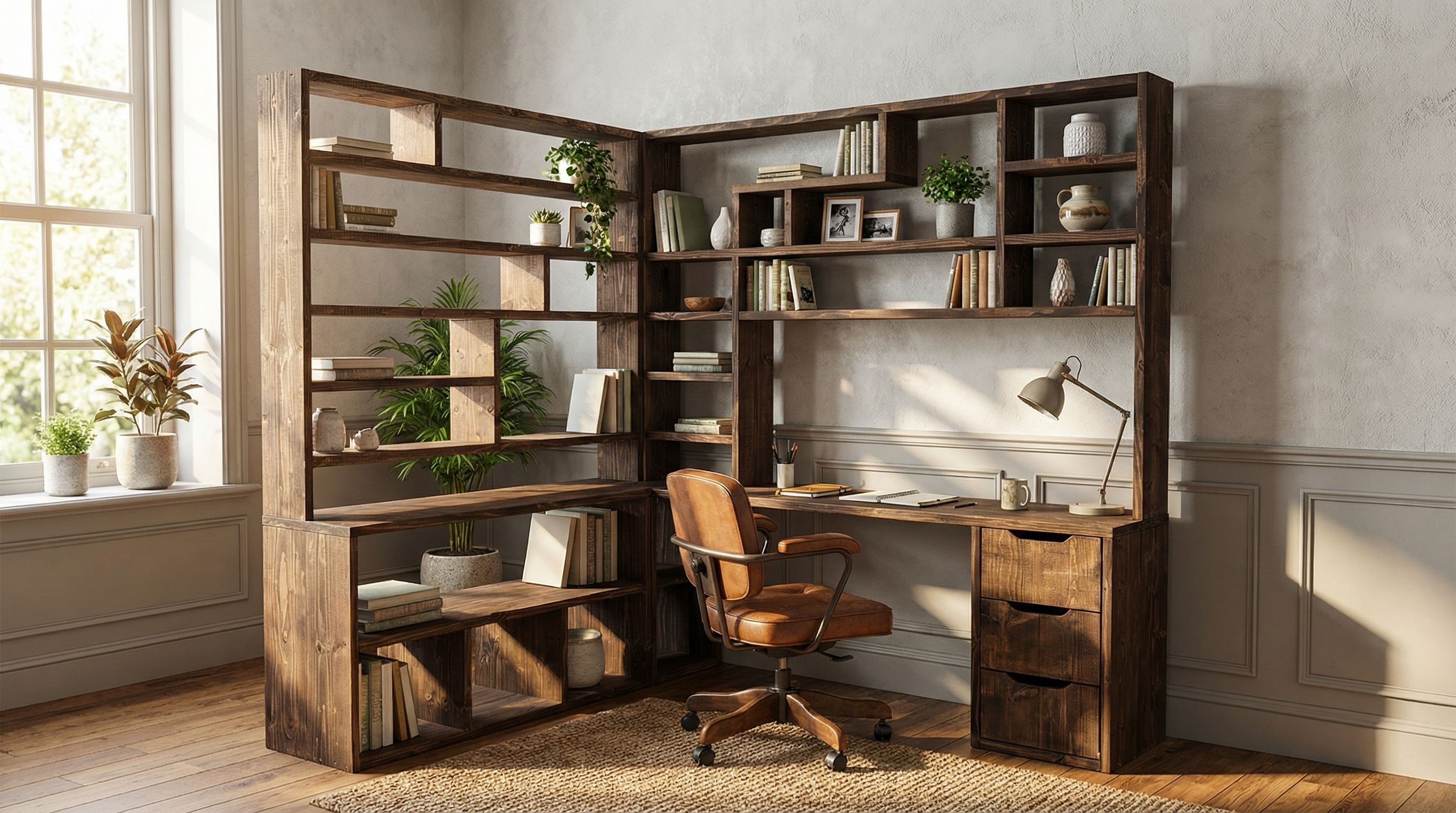 Reclaimed Wood Bookcase & Shelving Units Desk - Rustic Open Shelving Storage - cornerdeskbc