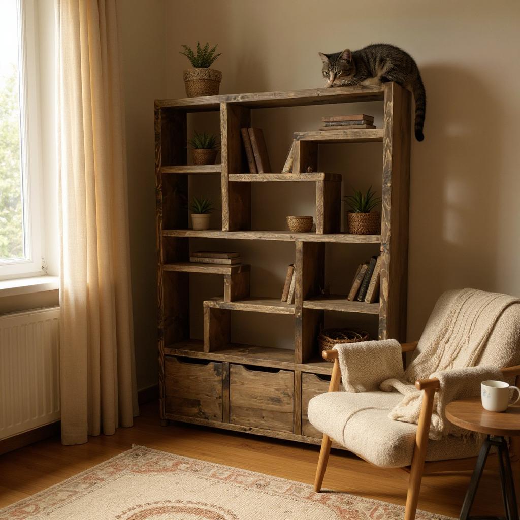 Reclaimed Wood Bookcase with 3 Compartments - Rustic Shelving Unit | Scaffold Timber Furniture | 3D Design - 3d