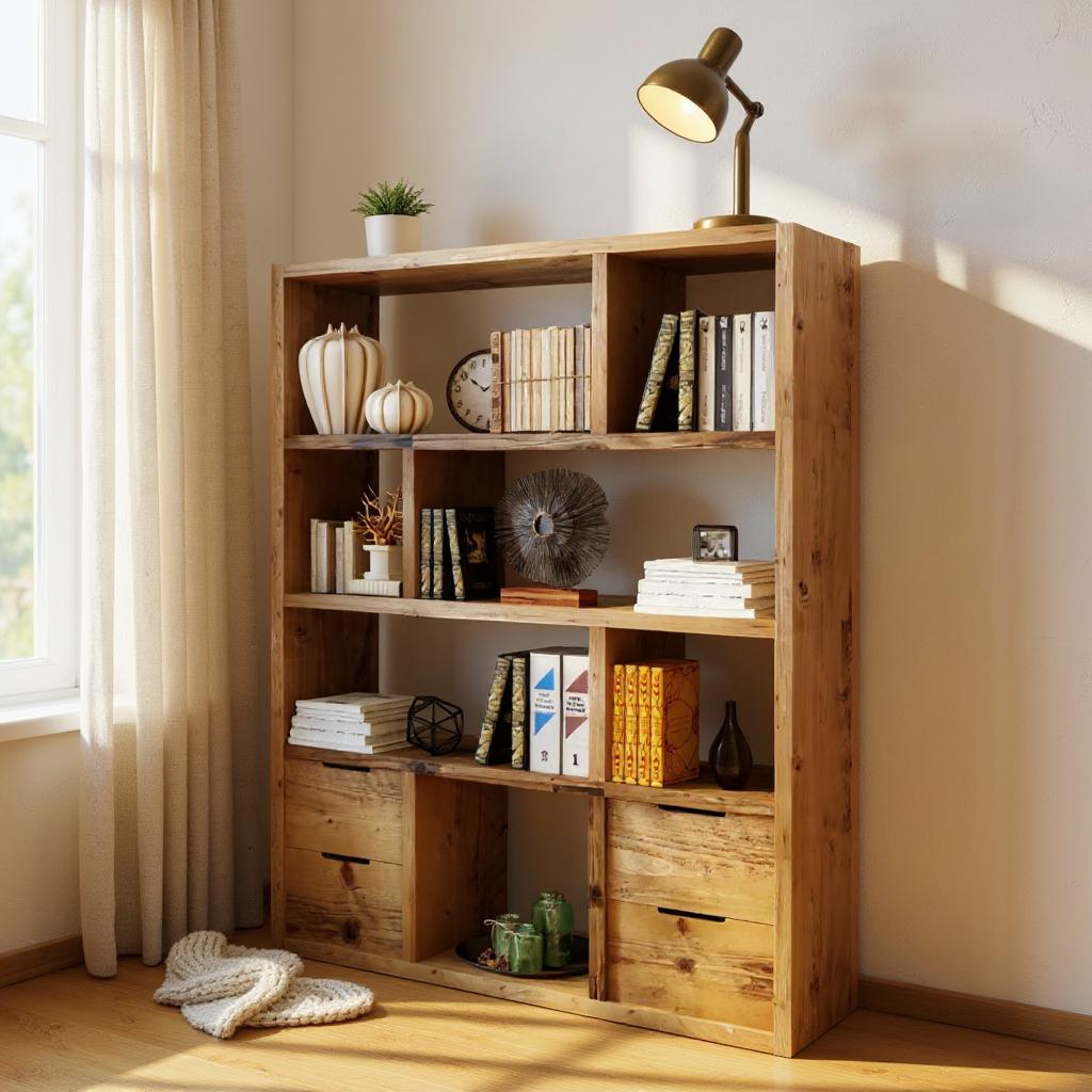 Reclaimed Wood Bookcase with 4 Drawers - Rustic Shelving Unit | Scaffold Timber Storage Furniture- -4d