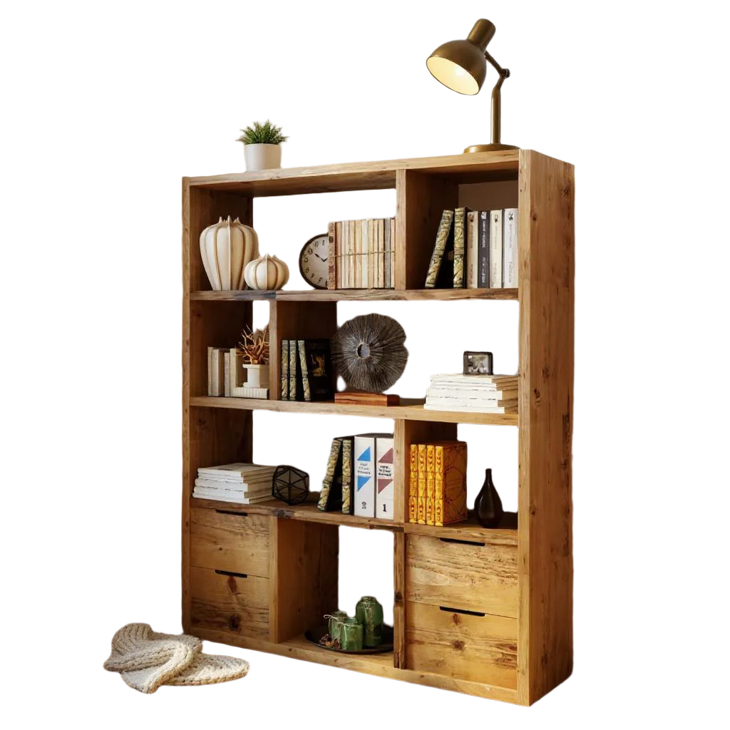 Reclaimed Wood Bookcase with 4 Drawers - Rustic Shelving Unit | Scaffold Timber Storage Furniture- -4d