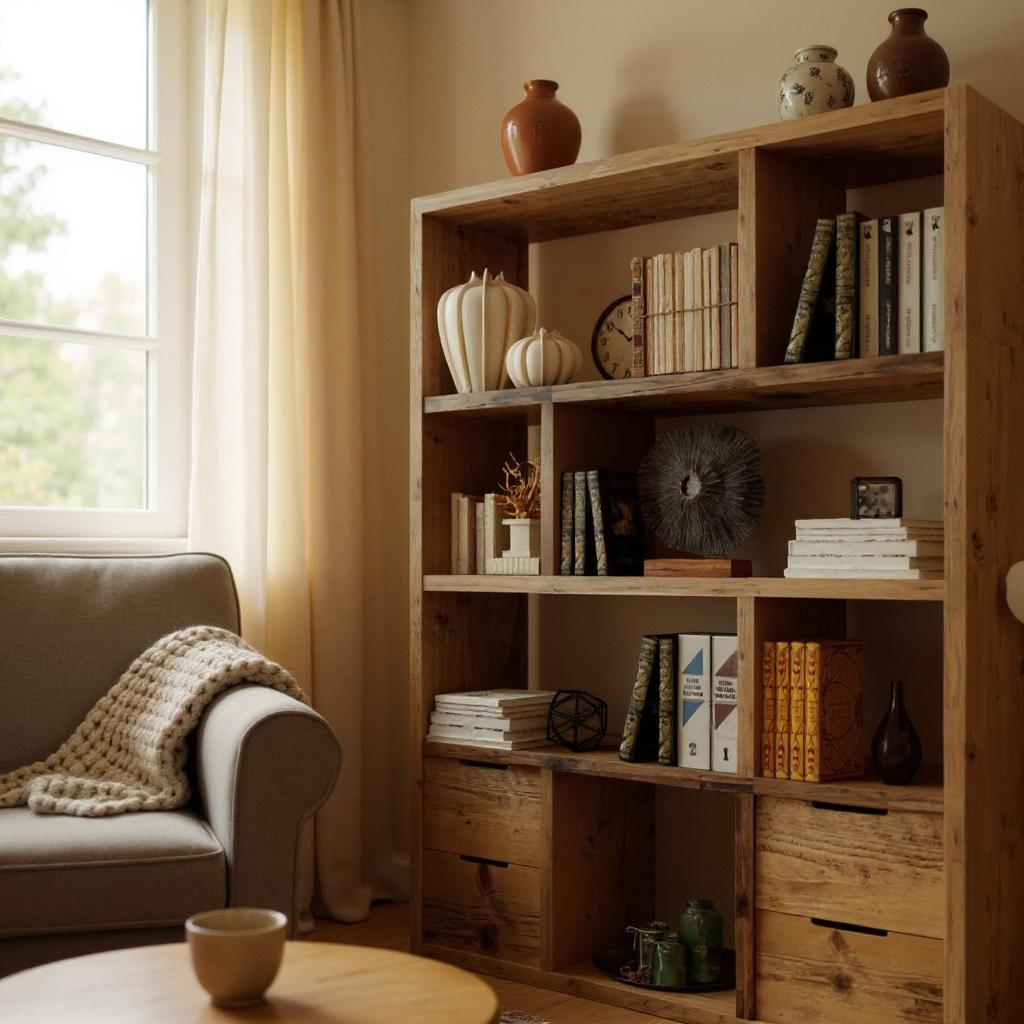 Reclaimed Wood Bookcase with 4 Drawers - Rustic Shelving Unit | Scaffold Timber Storage Furniture- -4d