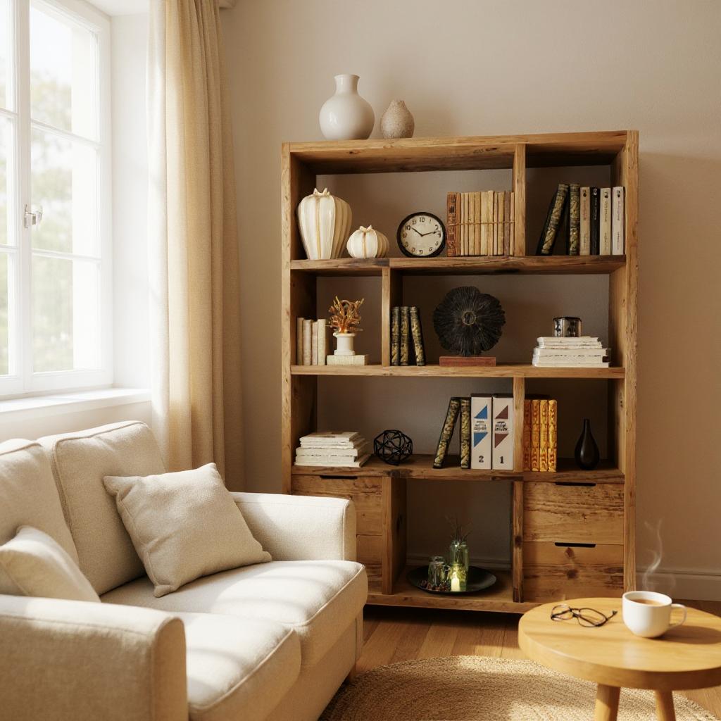 Reclaimed Wood Bookcase with 4 Drawers - Rustic Shelving Unit | Scaffold Timber Storage Furniture- -4d
