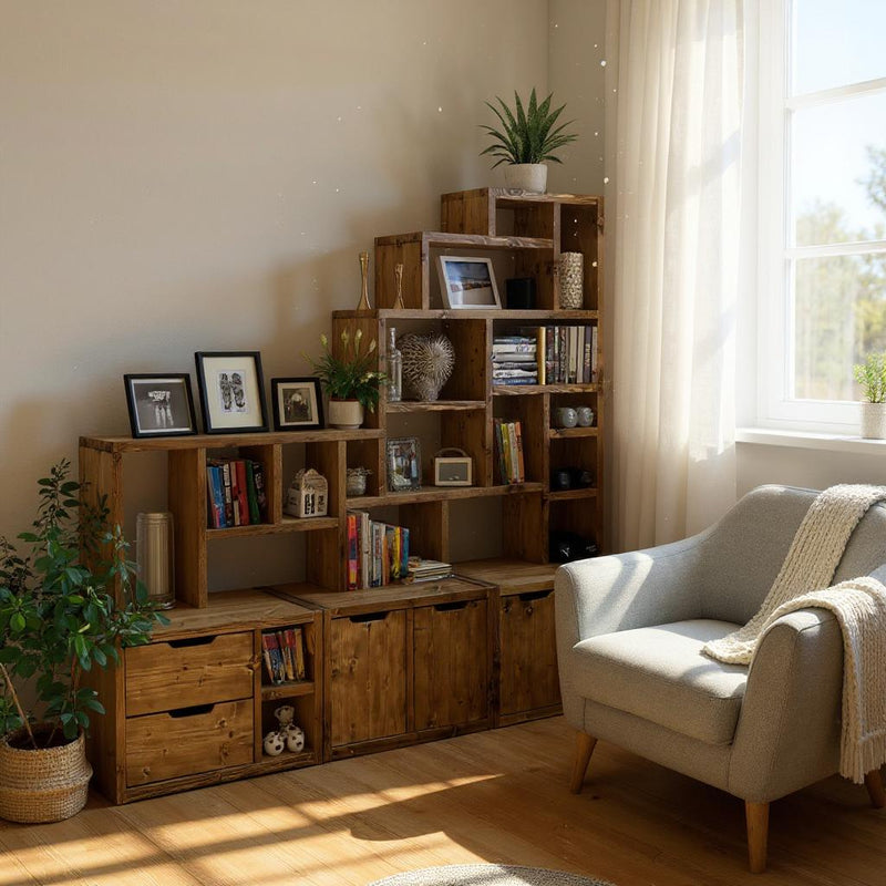 Large Reclaimed Wood Bookcase & Shelving Units Set - Rustic Storage Fu