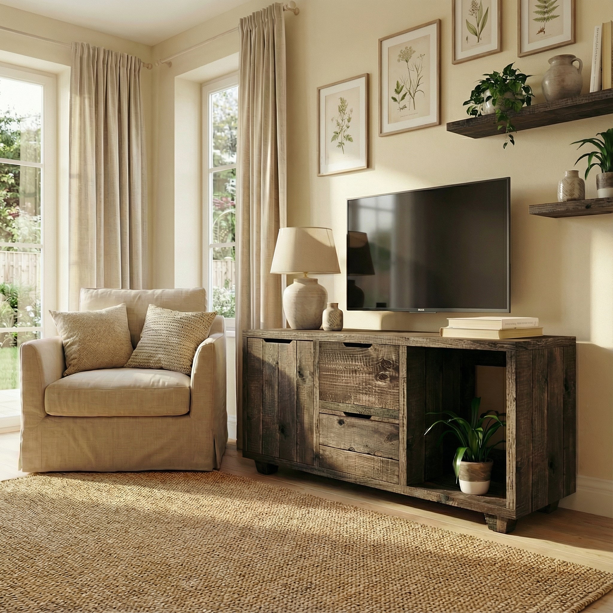 Reclaimed Wood TV/Media Unit with Doors - Rustic Entertainment Console, Vintage Storage Cabinet