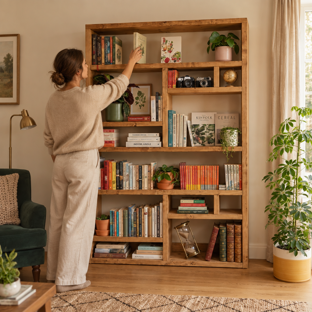 Woman reaching the upper shelf of the 210cm tall Offset bookcase, showing the scale of the piece