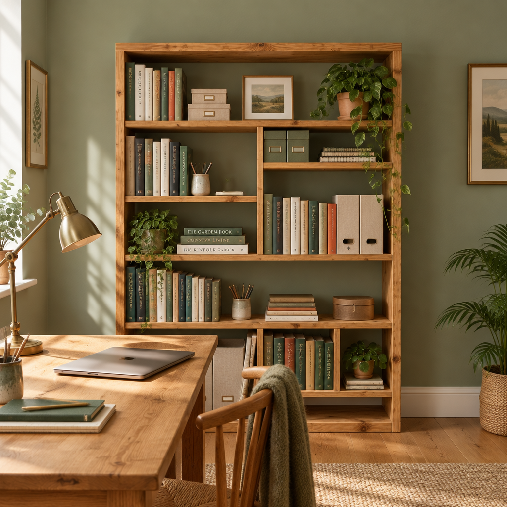 Offset bookcase used as home office storage behind a solid wood desk in a sage green study
