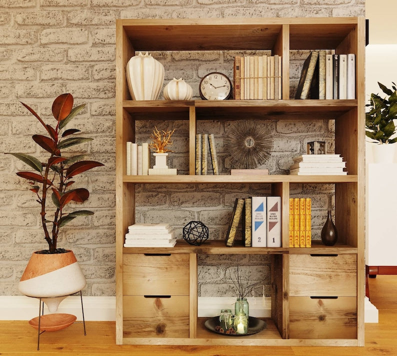 Reclaimed Wood Bookcase with 4 Drawers - Rustic Shelving Unit | Scaffold Timber Storage Furniture- -4d