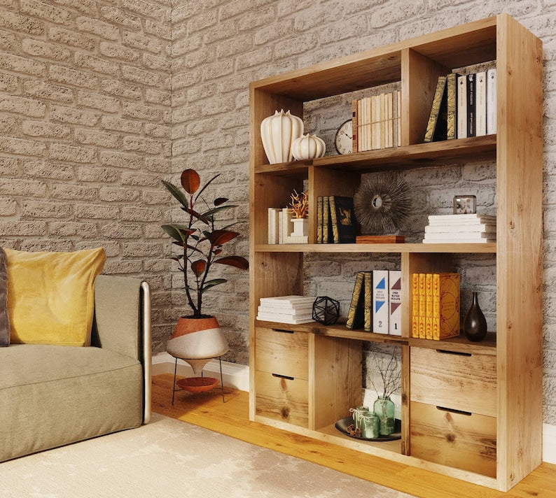 Reclaimed Wood Bookcase with 4 Drawers - Rustic Shelving Unit | Scaffold Timber Storage Furniture- -4d