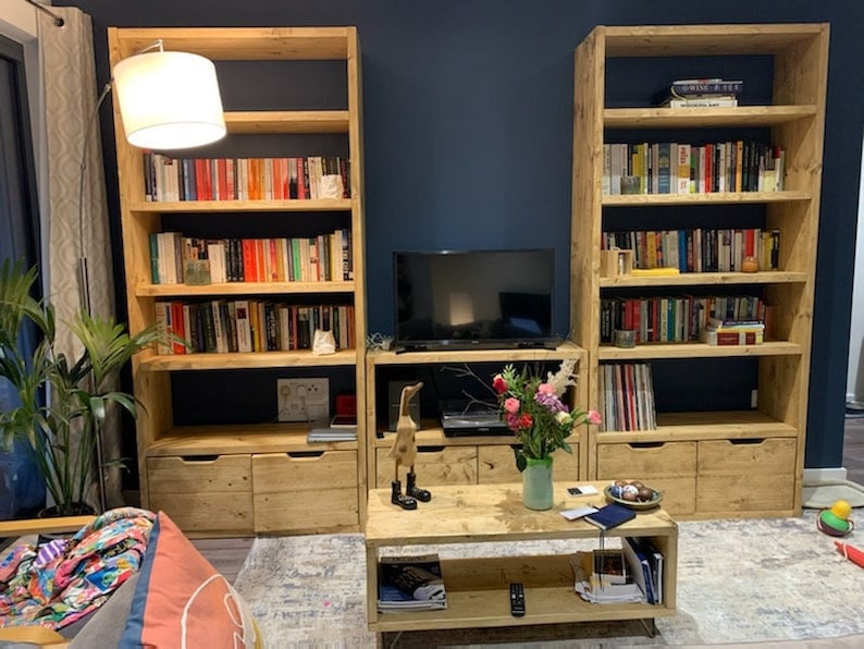 Reclaimed Wood Bookcase & Shelving Units with TV Stand and Doors - Rustic Entertainment Center