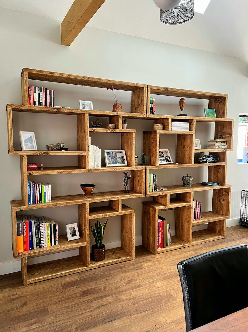 Solid Wood Box Bookcase & Shelving Unit - Rustic Scaffold Furniture Organizer -  Decorative display shelves - Boxes