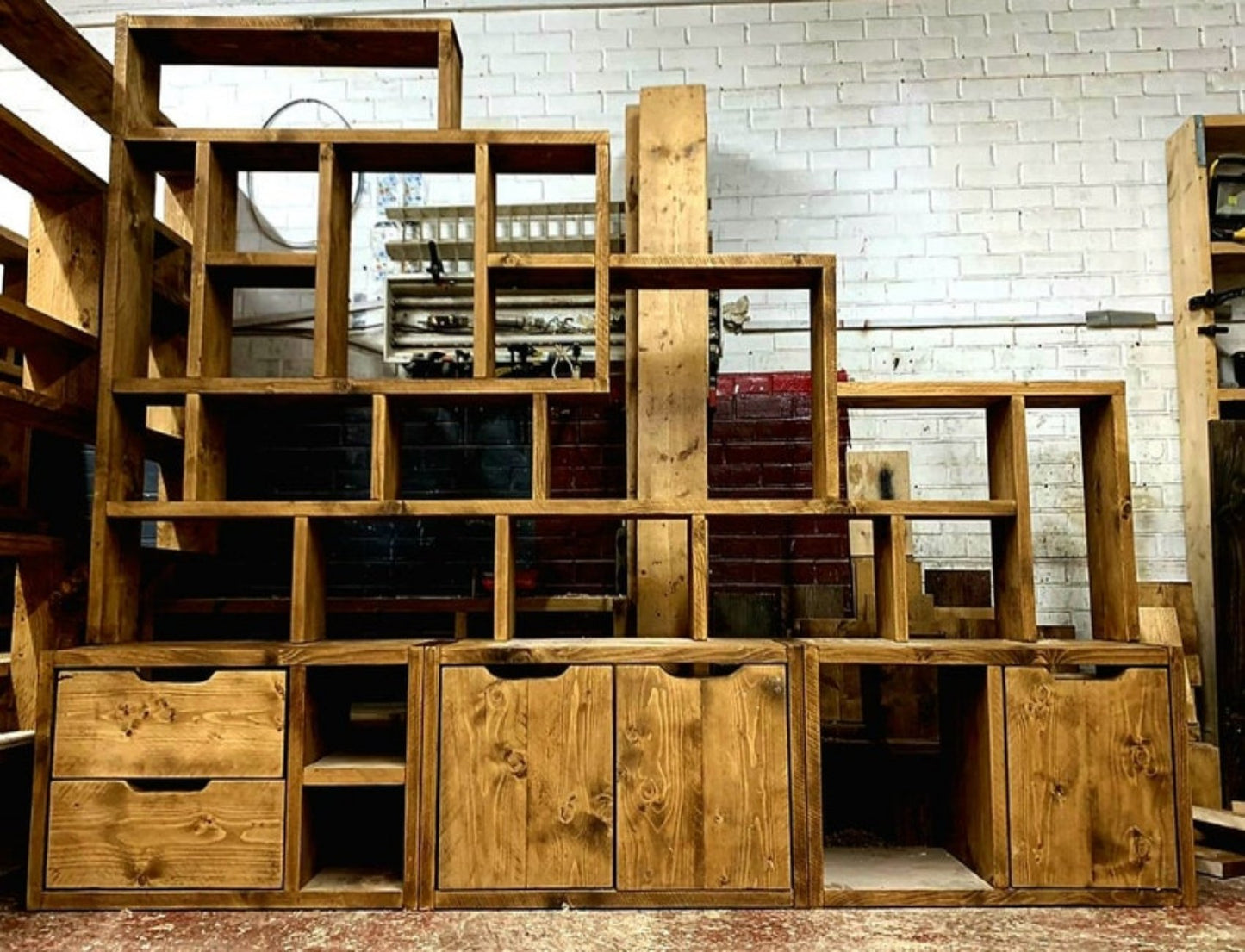 Large Reclaimed Wood Bookcase & Shelving Units Set - Rustic Storage Furniture - Vintage style bookcase set- slope