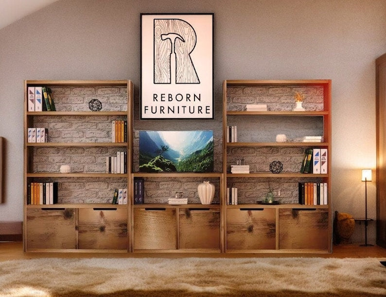 Reclaimed Wood Bookcase & Shelving Units with TV Stand and Doors - Rustic Entertainment Center