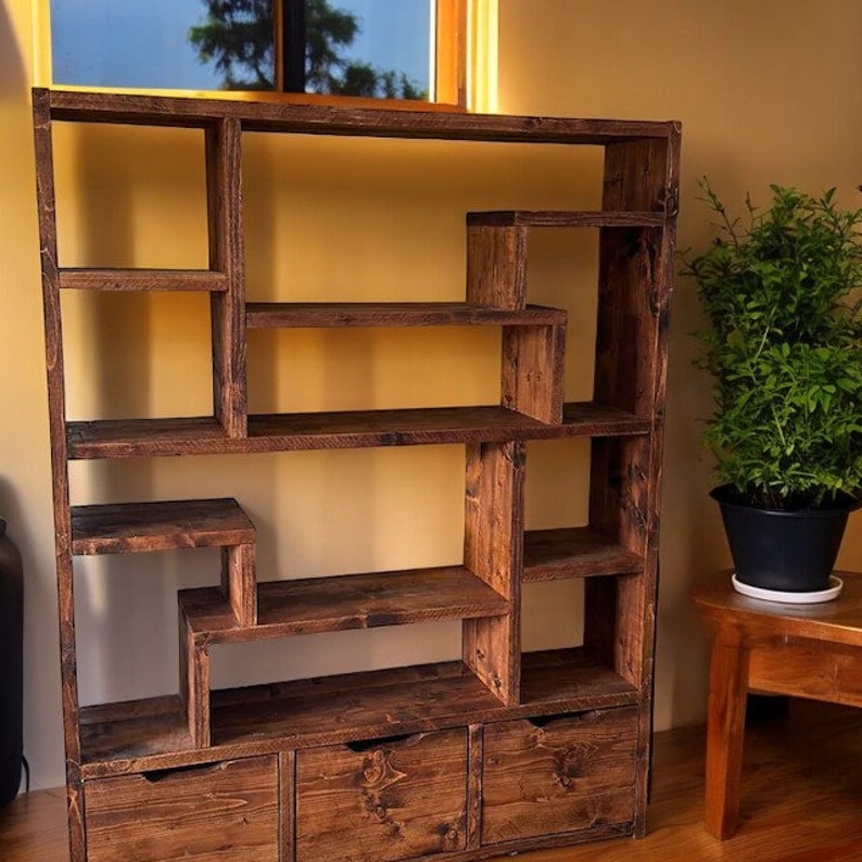 Reclaimed Wood Bookcase with 3 Compartments - Rustic Shelving Unit | Scaffold Timber Furniture | 3D Design - 3d