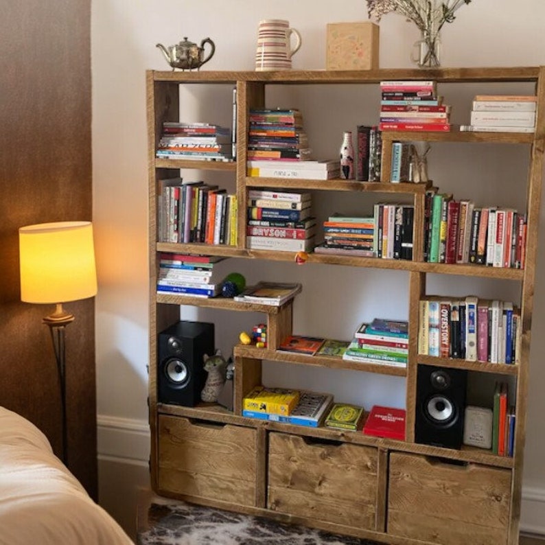 Reclaimed Wood Bookcase with 3 Compartments - Rustic Shelving Unit | Scaffold Timber Furniture | 3D Design - 3d