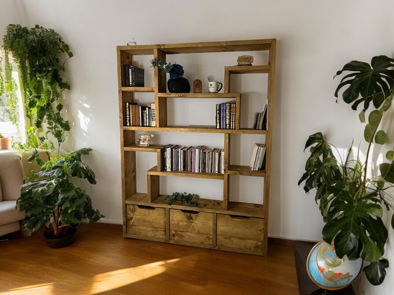 Reclaimed Wood Bookcase with 3 Compartments - Rustic Shelving Unit | Scaffold Timber Furniture | 3D Design - 3d