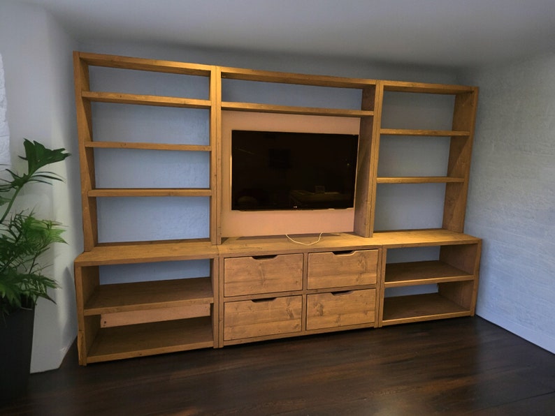 Reclaimed Wood Bookcase & Shelving Units with TV Surround - Rustic Entertainment Center, Customizable Storage Solution