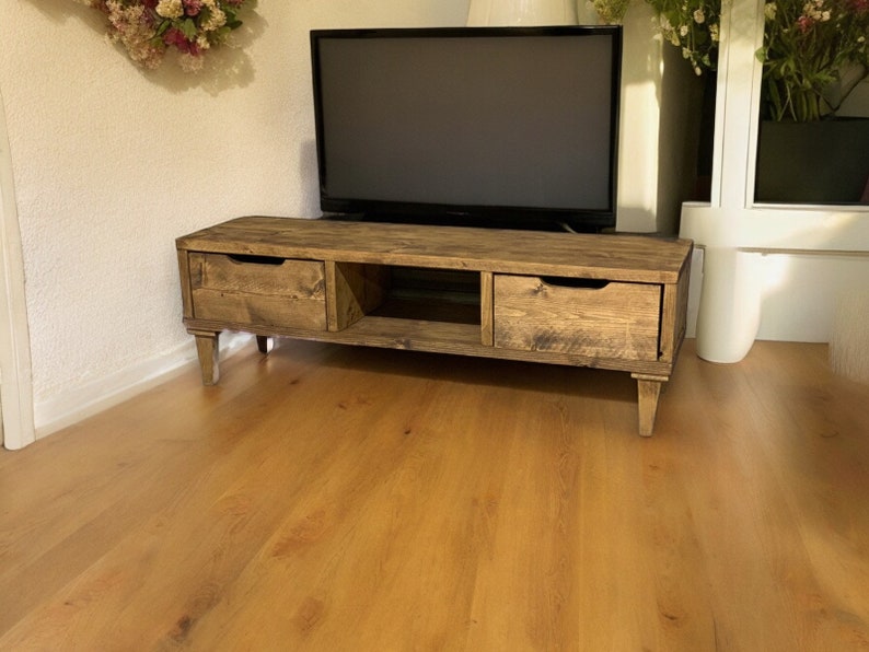 Reclaimed Wood TV/Media Unit with Wood Legs and Drawers - Rustic Storage Console -tv wood leg