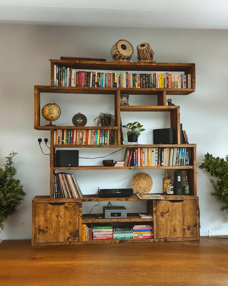 Reclaimed Wood Bookcase | Rustic Scaffold Shelving Unit | Custom 2D Box Design | Handmade Timber Bookshelf -2dn