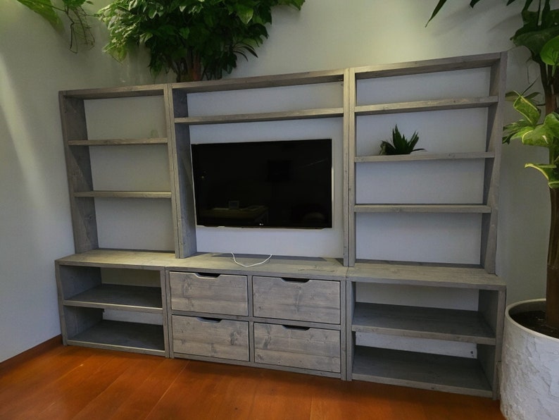 Reclaimed Wood Bookcase & Shelving Units with TV Surround - Rustic Entertainment Center, Customizable Storage Solution