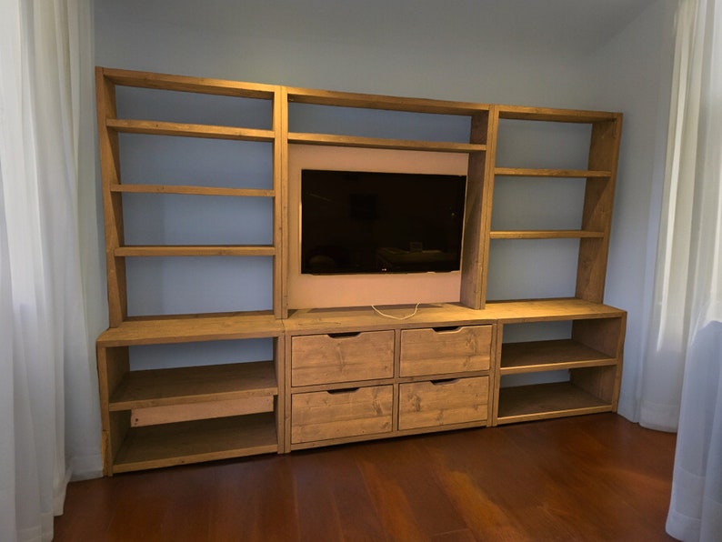 Reclaimed Wood Bookcase & Shelving Units with TV Surround - Rustic Entertainment Center, Customizable Storage Solution