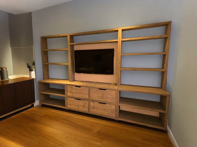 Reclaimed Wood Bookcase & Shelving Units with TV Surround - Rustic Entertainment Center, Customizable Storage Solution