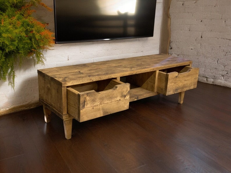 Reclaimed Wood TV/Media Unit with Wood Legs and Drawers - Rustic Storage Console -tv wood leg