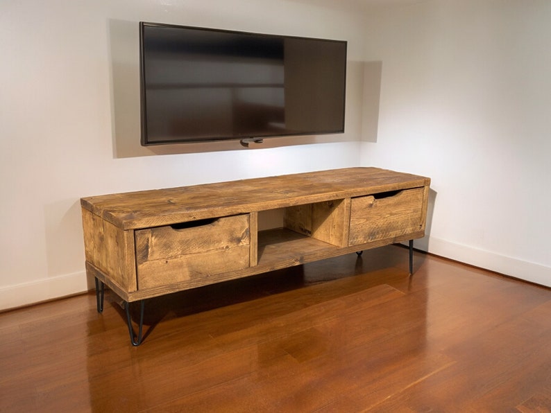 Reclaimed Wood TV/Media Unit with Metal Legs and Drawers - Rustic Entertainment Center - tv metal legs