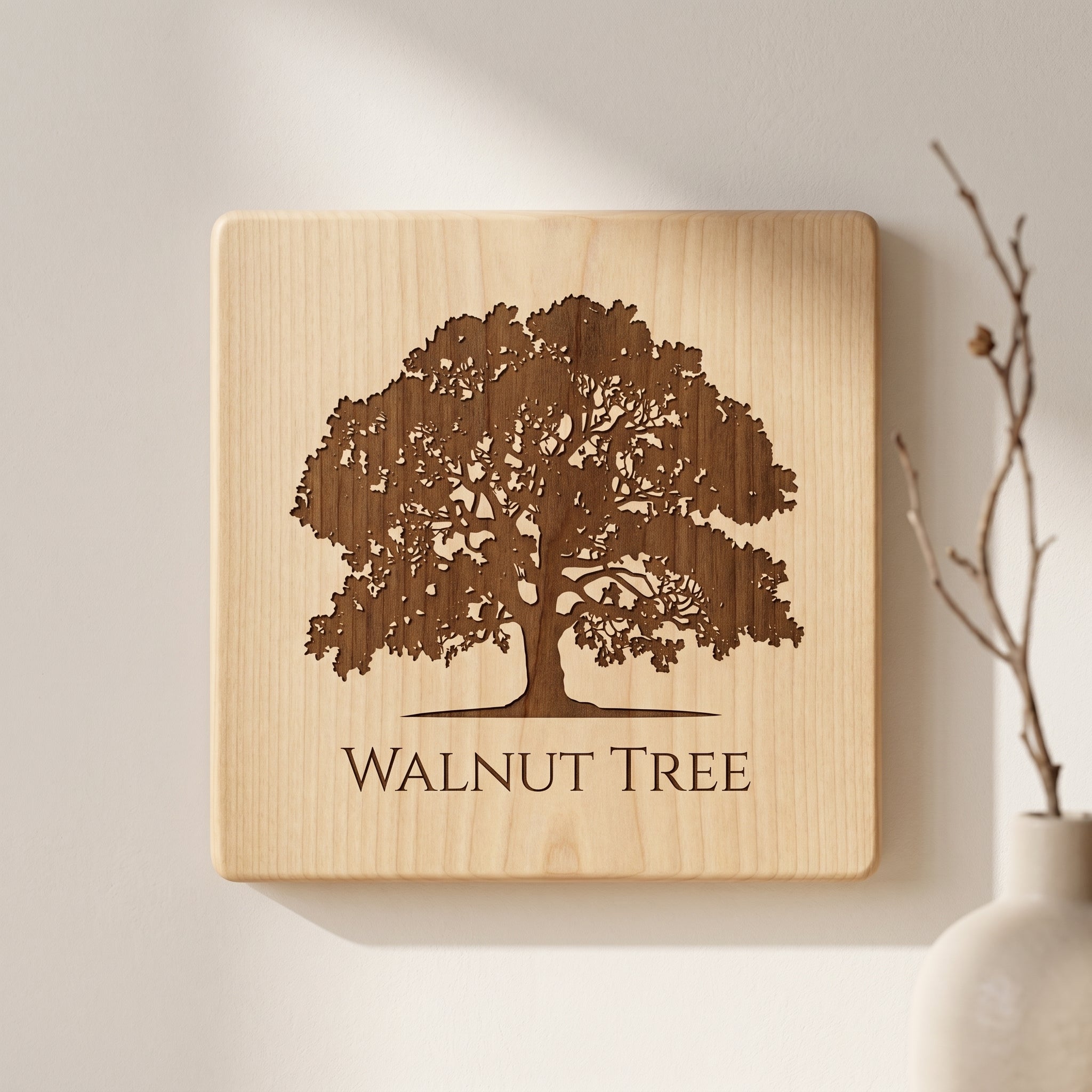 Engraved Tree Wall Art, Solid Wood Botanical Plaque