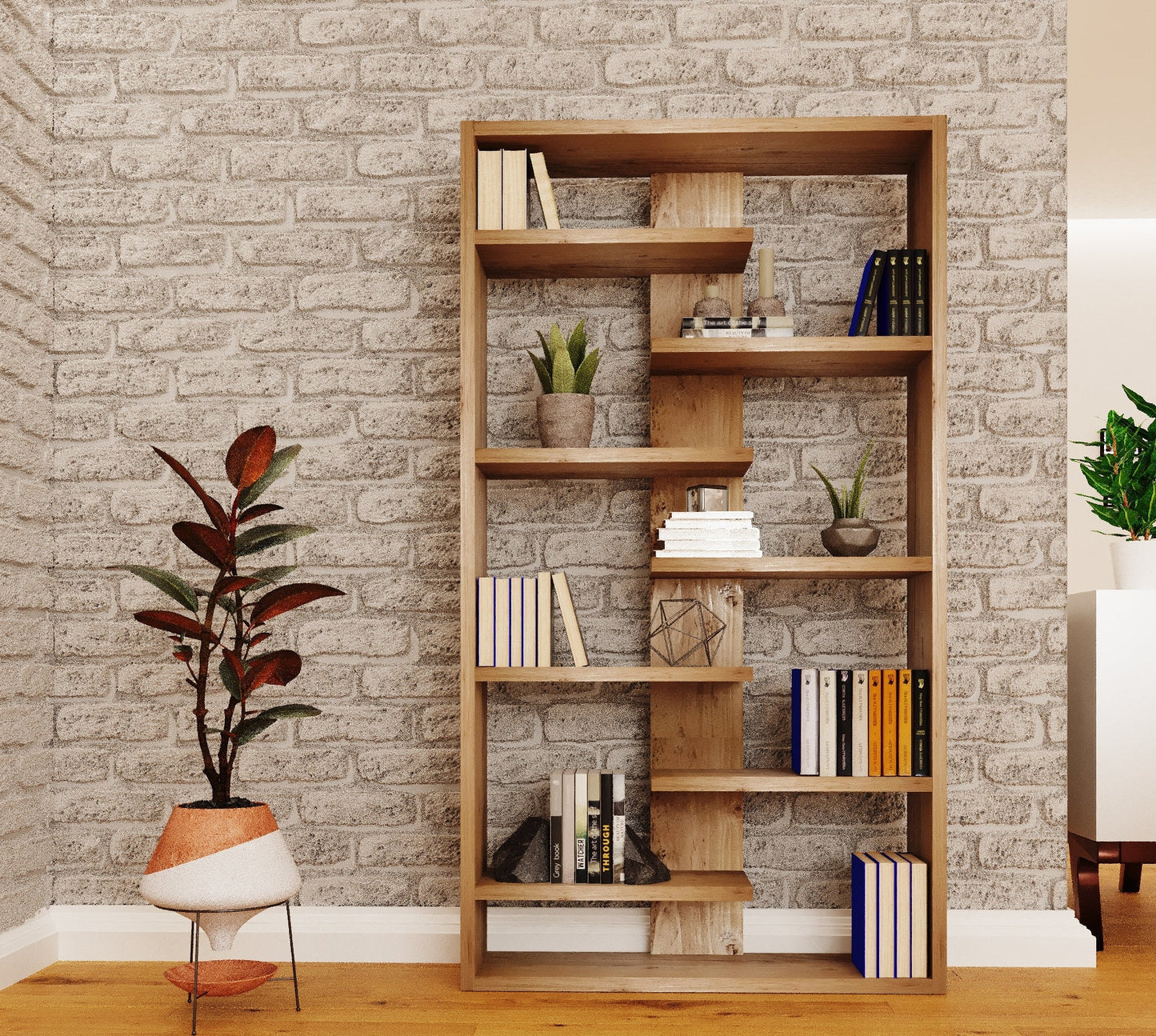 Solid Wood Central Bookcase & Shelving Unit - Tall Freestanding Storage Organizer- central